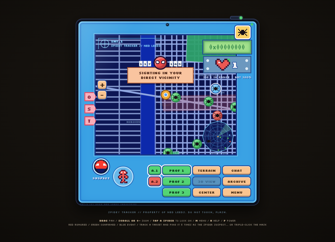 Spidey Tracker - playable Spider-Man sightings tracker with CRT boot sequence and generated Manhattan city map